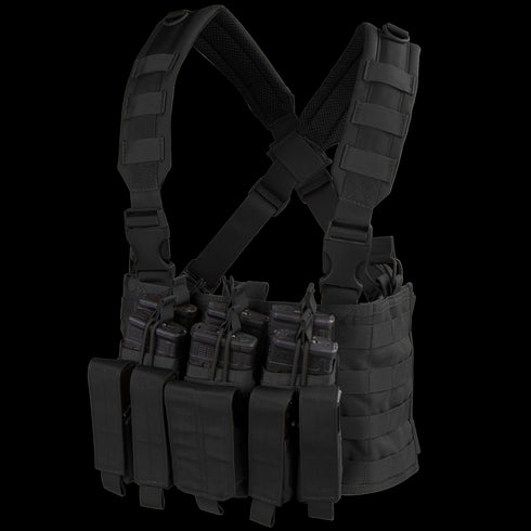 The Condor Recon Chest Rig features adjustable straps, multiple pouches, and MOLLE webbing for carrying magazines and gear.